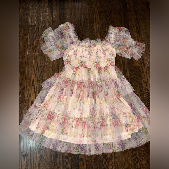 Coquette cottage core tulle mini dress floral nude flared shear netting - Picture 1 of 10